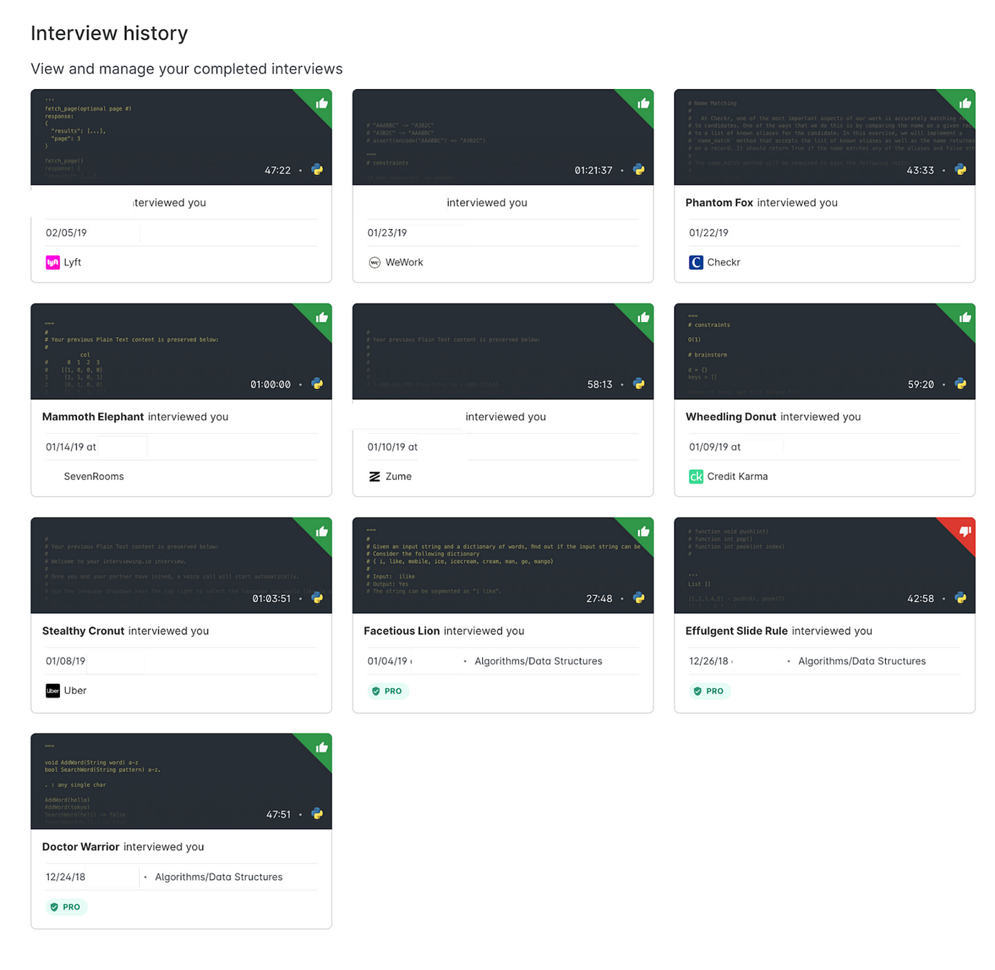 My interviewing.io history (interviewer names redacted)